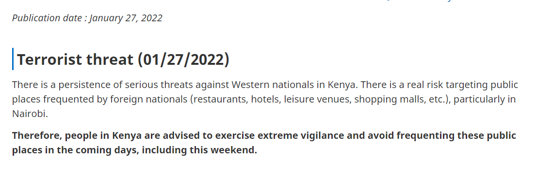 Kenya: France Issues a Terrorist Threat Alert, Says There is a Real Risk Targeting Public Places Frequented by Foreign Nationals Particularly in Nairobi.